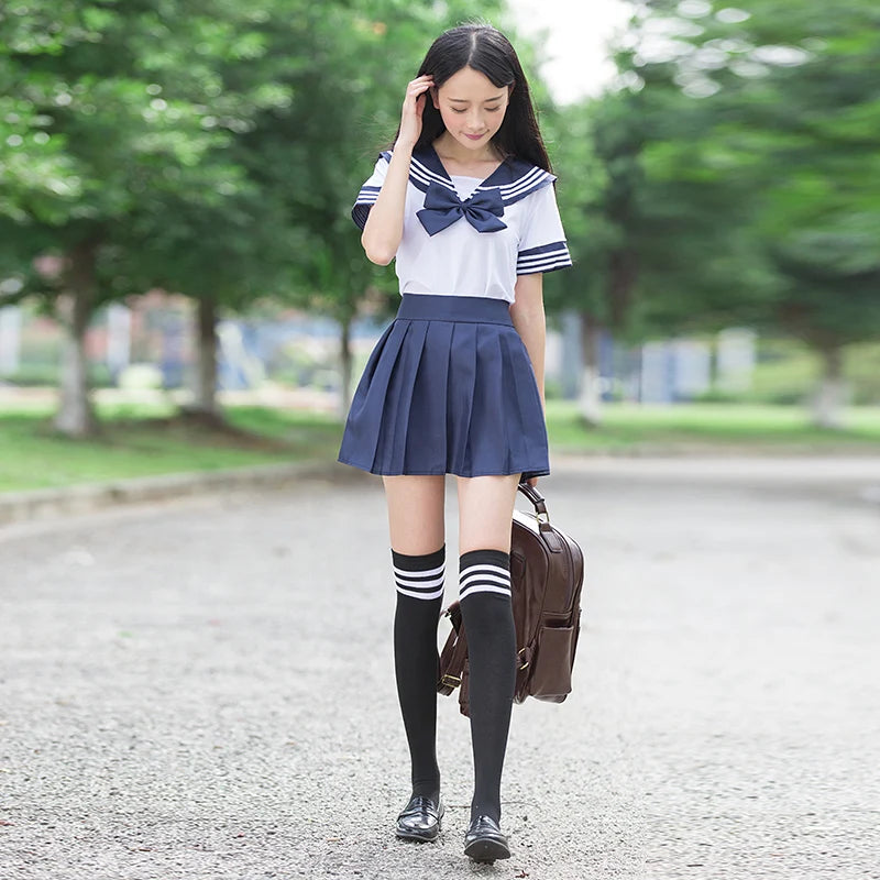 sailor suit school uniform sets JK school uniforms for girls white shirt and dark blue skirt suits student Cosplay