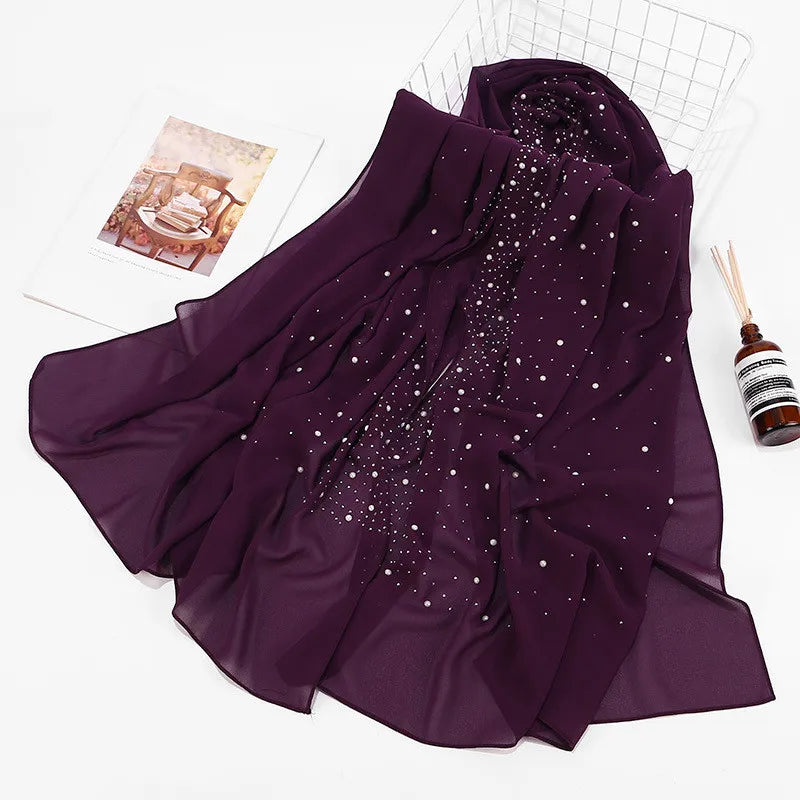 2024 hot sale women plain bubble pearl chiffon scarf Head hijab wrap solid shawls headband foulard femme muslim hijabs stores