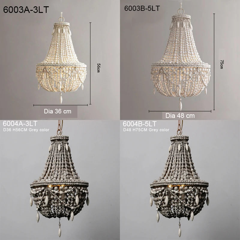French Country white wood Bead Chandelier dining room bedroom princess Decorative chandelier 3/5 lights hanging light fixture
