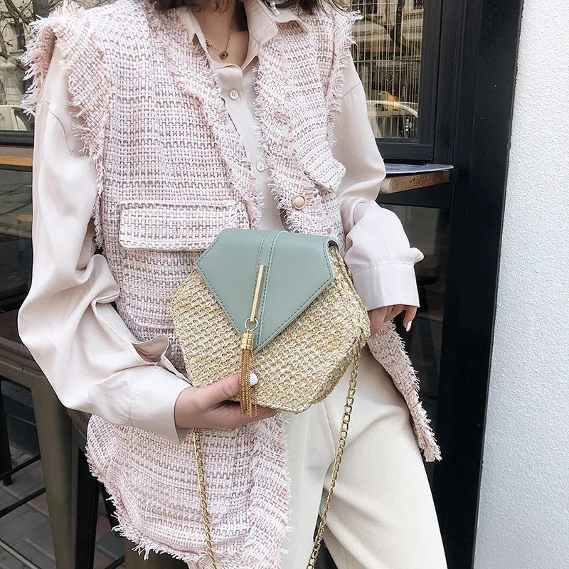 Hexagon Mulit Style Straw+leather Handbag Women Summer Rattan Bag Handmade Woven Beach Circle Bohemia Shoulder Bag