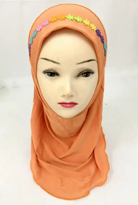 Girls Kids Muslim Beautiful Hijab Islamic Arab Scarf Shawls Flower Pattern
