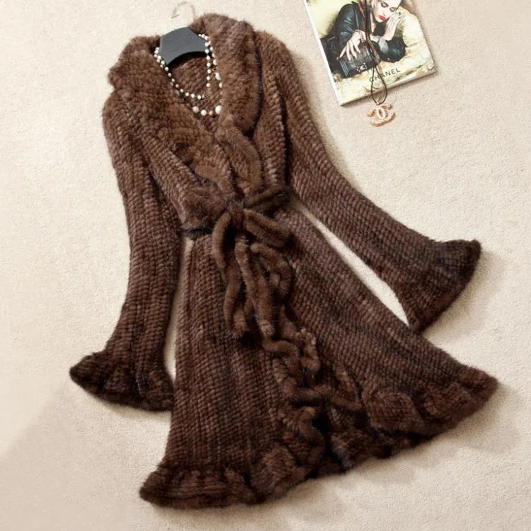 Luxury Women Genuine Mink Fur Ruffle Design Knitted Mink Fur Coat Jackets Natural Fur Outerwear Overcoat Long Female