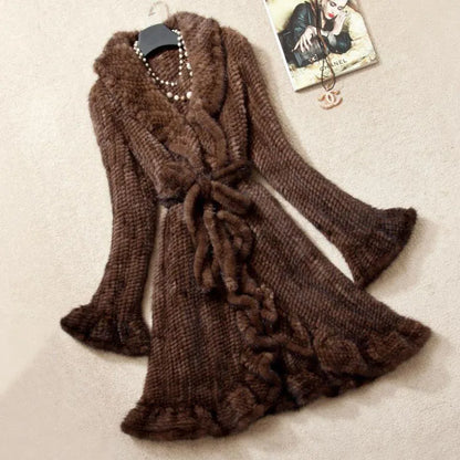 Luxury Women Genuine Mink Fur Ruffle Design Knitted Mink Fur Coat Jackets Natural Fur Outerwear Overcoat Long Female