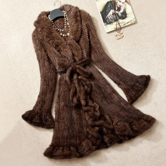 Luxury Women Genuine Mink Fur Ruffle Design Knitted Mink Fur Coat Jackets Natural Fur Outerwear Overcoat Long Female