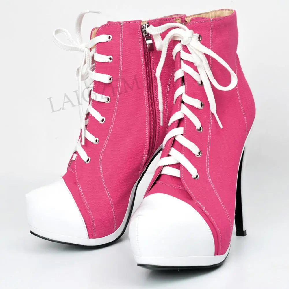 LAIGZEM Canvas Botines Mujer Women Platform Booties High Heel Side Zip Short Ankle Boots Shoes Woman Ladies Large Size 34 42 452