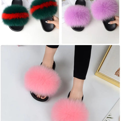 Women Summer Casual Fluffy Slippers With Fur Flat Non-Slip Real Fox Fur Furry Slides Large Size Shoes Fur Sandals