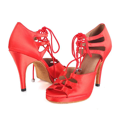 DILEECHI women's latin dance shoes salsa party dance shoes satin Waterproof platform red black bronze heel 10cm dance shoes