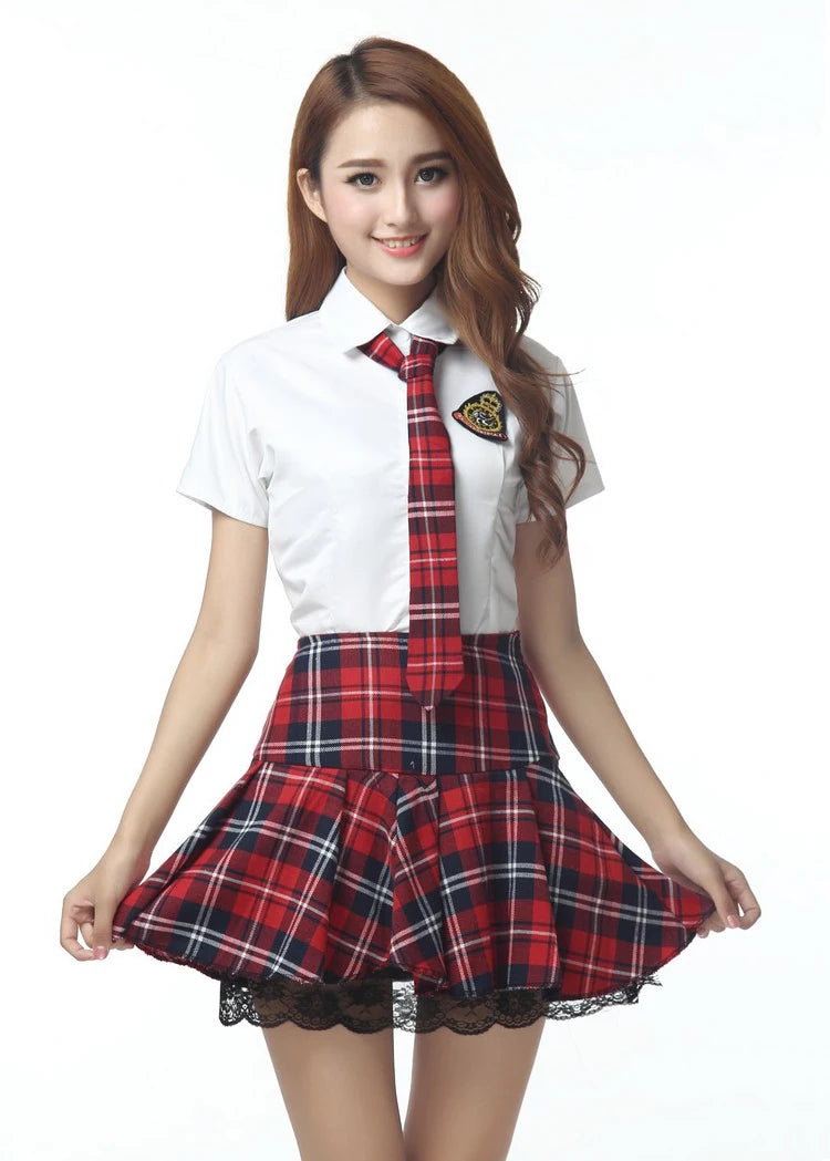 Short Sleeves Japanese School Uniform Girl Sailor Dress Red/Tibetan Blue Plaid Skirt Uniformes Korean Costumes For Girls