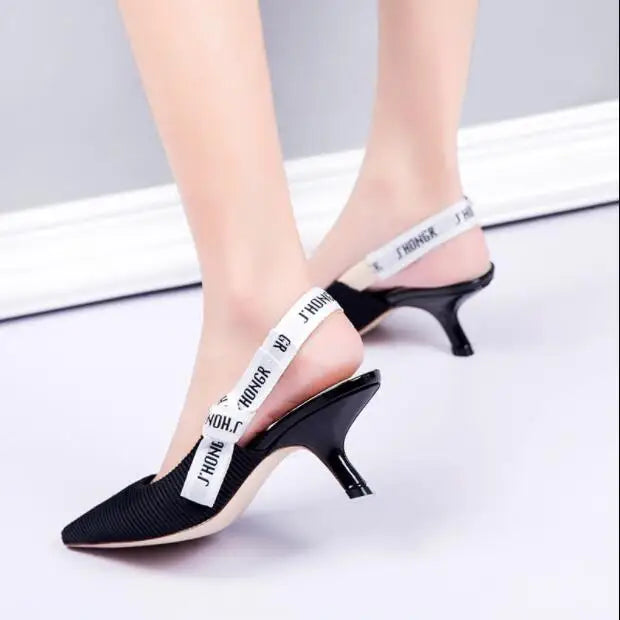 Sandals Women Luxury Striped Fabric Strange Heel Designer Sandals Back Strap Butterfly-Knot Elastic Band Pumps Party Shoes Woman