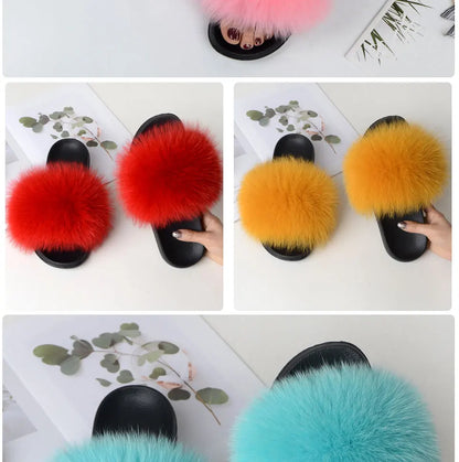 Women Summer Casual Fluffy Slippers With Fur Flat Non-Slip Real Fox Fur Furry Slides Large Size Shoes Fur Sandals