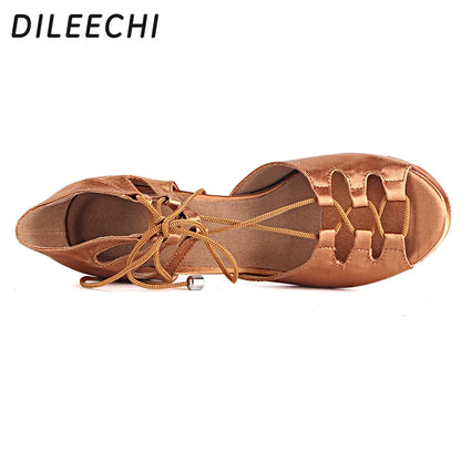 DILEECHI women's latin dance shoes salsa party dance shoes satin Waterproof platform red black bronze heel 10cm dance shoes