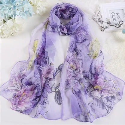 Hot Fashion Summer Chiffon Georgette Scarf Parrot Peony Print Women Foulard Long Shawl&Wrap Bandana Elegant Thin 50*160cm M163