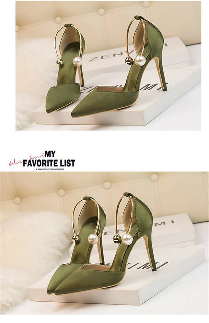 2025 New Elegant Pearl Metal Buckle High Heels Women Sandals Korean Fashion Soft Silk Pointed Ladies Shoes Party Sandals Shallow