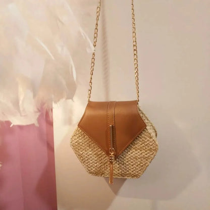 Hexagon Mulit Style Straw+leather Handbag Women Summer Rattan Bag Handmade Woven Beach Circle Bohemia Shoulder Bag