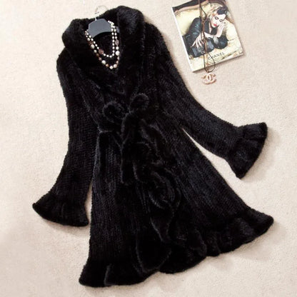 Luxury Women Genuine Mink Fur Ruffle Design Knitted Mink Fur Coat Jackets Natural Fur Outerwear Overcoat Long Female