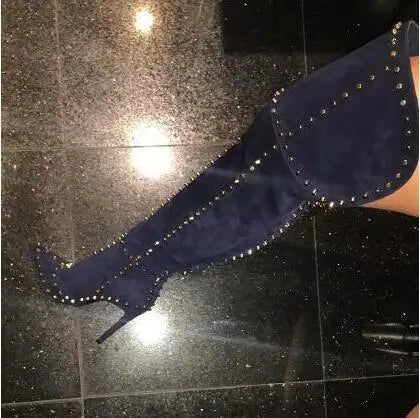 Sexy Green Blue Suede Gold Studs Women Over The Knee Boots Ladies High Heel Thick Slip On Point Toe Rivets Motorcycle Botas