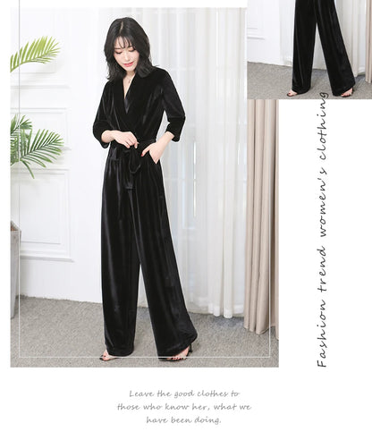Nerazzurri Spring Autumn Long Soft Flowy Red Velvet Jumpsuit Women with Sleeves Sashes Maxi Black Wide Leg Floor Length Clothes