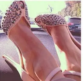Suede Peep-toe High Heel Ankle Strap Rivets Sandal Women Cut-out Crystal Front High Dress shoes woman Designer Women Pumps