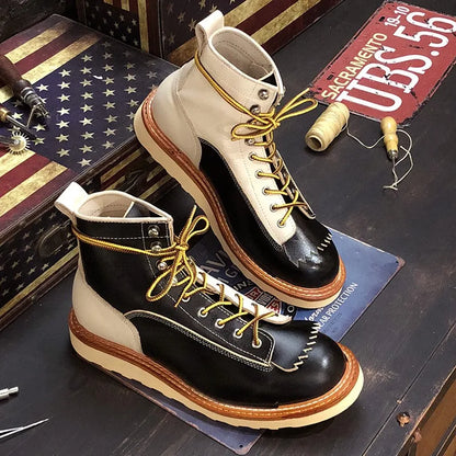 New Japanese Retro Patchwork Genuine Leather  Boots Men Round Toe Lace Up Motorcycle Ankle Boots Casual Men Leather Shoes