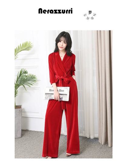 Nerazzurri Spring Autumn Long Soft Flowy Red Velvet Jumpsuit Women with Sleeves Sashes Maxi Black Wide Leg Floor Length Clothes