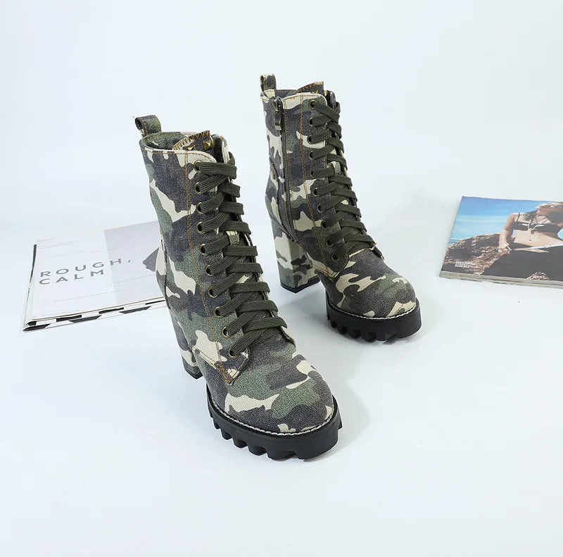 Camouflage Women Ankle Boots Lace-up Chunky High Heel Platform Botas Mujer Ladies Autumn Denim Shoes Riding Boot