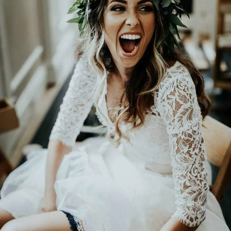 Boho Wedding Dress Long Sleeves A Line White Ivory Chiffon Lace Princess Beach Bride Two Pieces Wedding Gown Customized