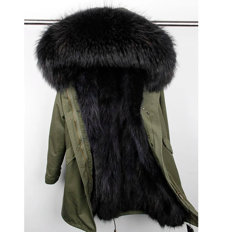 Maomaokong 2026 New Natural Fur Lining Real Fur Coat Winter Jacket Women Raccoon Fur Collar Warm Thick Parkas Female Clothing