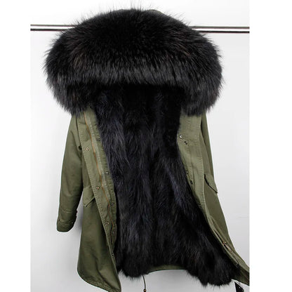 Maomaokong 2026 New Natural Fur Lining Real Fur Coat Winter Jacket Women Raccoon Fur Collar Warm Thick Parkas Female Clothing