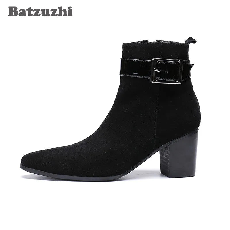 Korean Style Men's Pointed Toe Ankle Boots Black Suede US6-1 Big Size Knight Party Footwear Bota Masculina