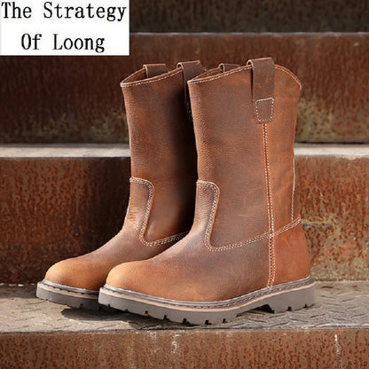 Spring Autumn Retro Genuine Leather Men Mid-Calf Boots Slip-On Male Real Leather Work Safety Shoes Motorcycle Half Boot 1905