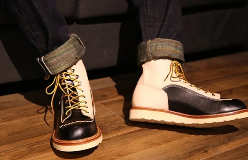 New Japanese Retro Patchwork Genuine Leather  Boots Men Round Toe Lace Up Motorcycle Ankle Boots Casual Men Leather Shoes