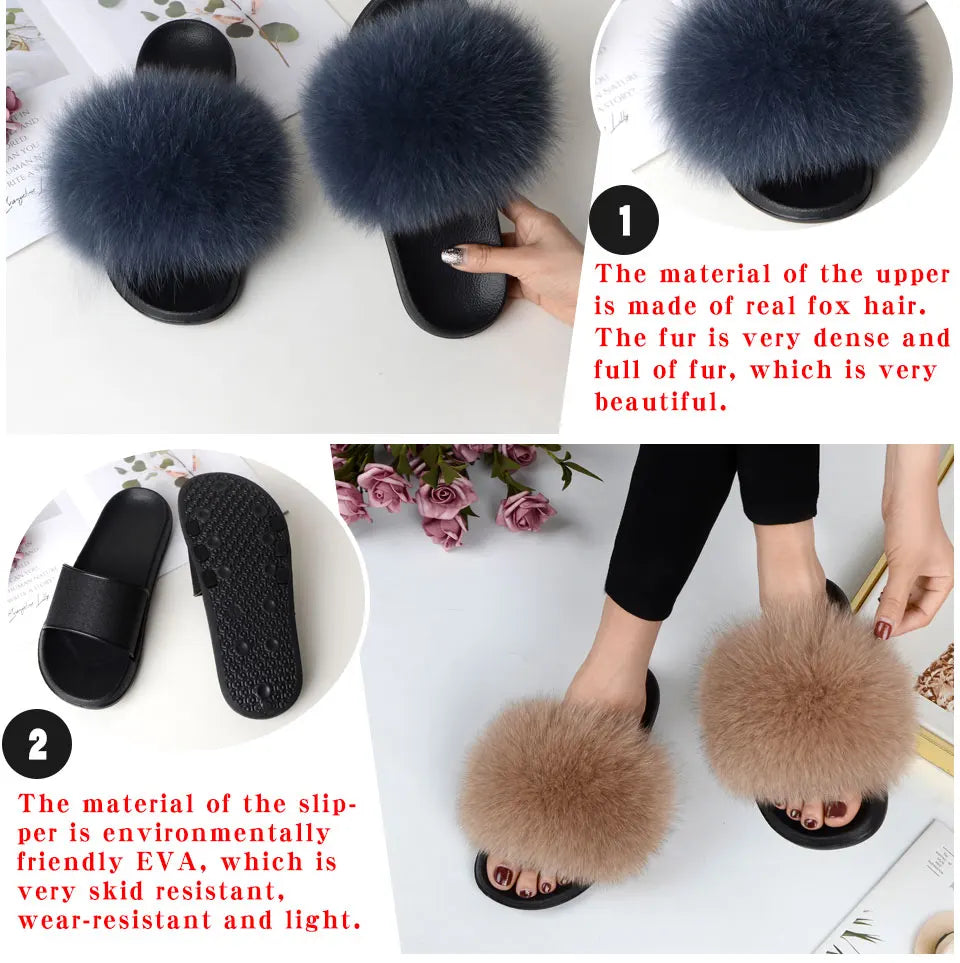 Women Summer Casual Fluffy Slippers With Fur Flat Non-Slip Real Fox Fur Furry Slides Large Size Shoes Fur Sandals