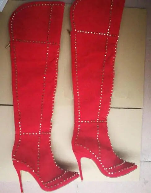 Sexy Green Blue Suede Gold Studs Women Over The Knee Boots Ladies High Heel Thick Slip On Point Toe Rivets Motorcycle Botas
