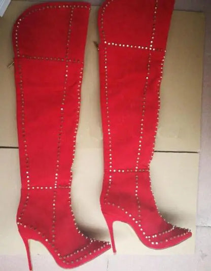 Sexy Green Blue Suede Gold Studs Women Over The Knee Boots Ladies High Heel Thick Slip On Point Toe Rivets Motorcycle Botas