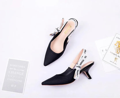 Sandals Women Luxury Striped Fabric Strange Heel Designer Sandals Back Strap Butterfly-Knot Elastic Band Pumps Party Shoes Woman
