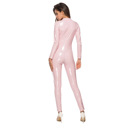 Women Faux Leather Catsuit Sexy Hot PVC Latex Bodysuit Front Zipper Open Crotch Jumpsuits Stretch bodystocking Erotic costumes
