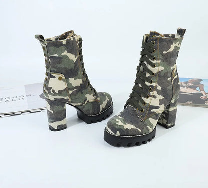 Camouflage Women Ankle Boots Lace-up Chunky High Heel Platform Botas Mujer Ladies Autumn Denim Shoes Riding Boot