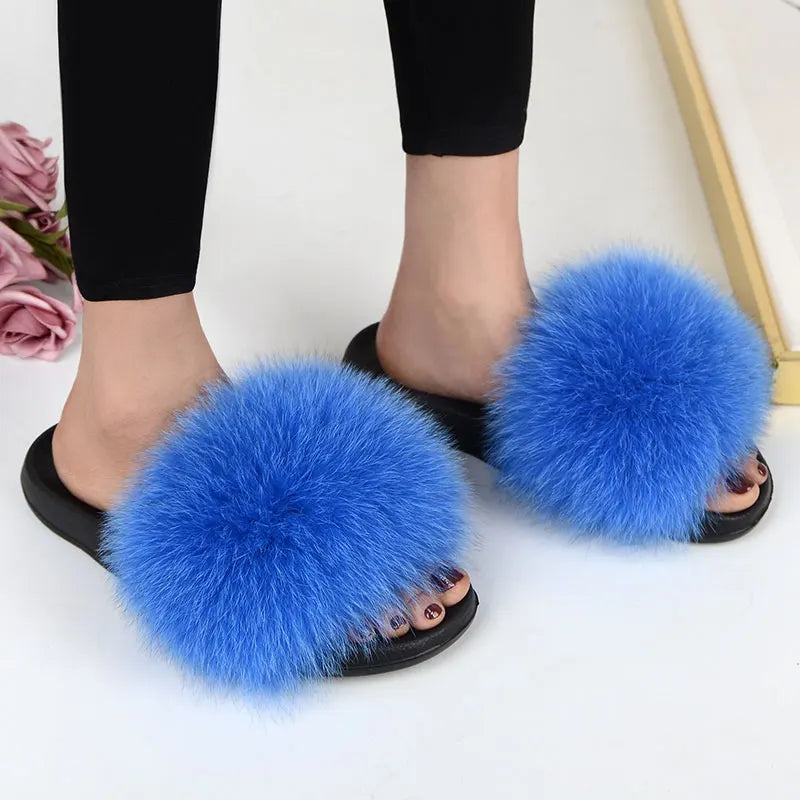 Women Summer Casual Fluffy Slippers With Fur Flat Non-Slip Real Fox Fur Furry Slides Large Size Shoes Fur Sandals