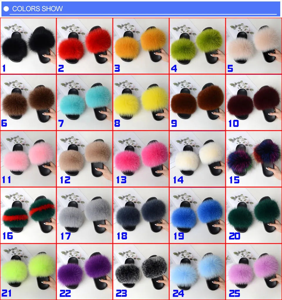 Women Summer Casual Fluffy Slippers With Fur Flat Non-Slip Real Fox Fur Furry Slides Large Size Shoes Fur Sandals