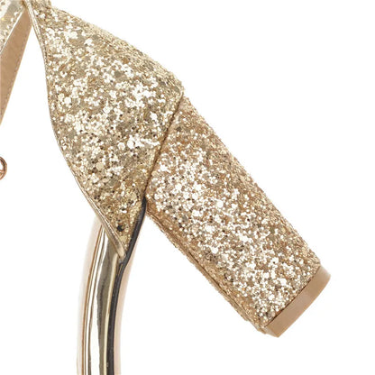 Luxury Silver Gold Summer Sandals for Women Elegant Block High Heels Flip Flop Sequined Party Wedding Shoes Ladies Large Size 45