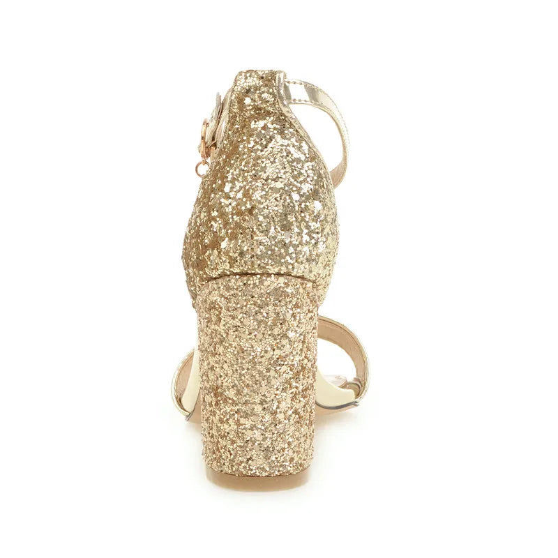 Luxury Silver Gold Summer Sandals for Women Elegant Block High Heels Flip Flop Sequined Party Wedding Shoes Ladies Large Size 45