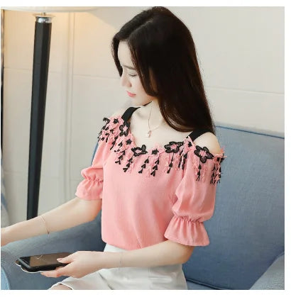 Women Summer Blouses 2024 Short Sleeve Chiffon Women Blouse Shirt Sexy Slash Neck Off Shoulder Top Womens Tops And Blouses B155