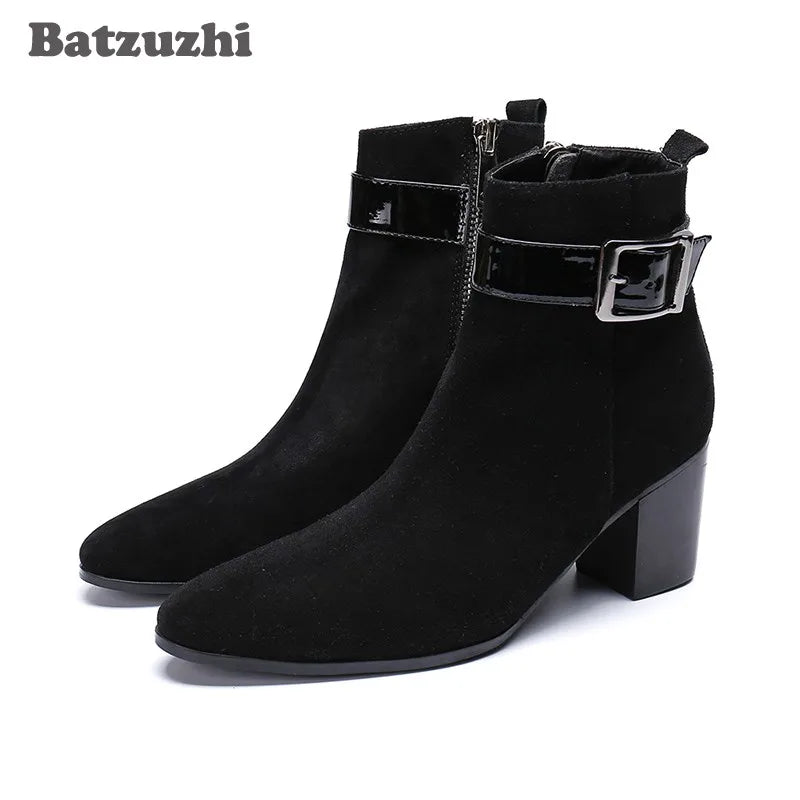 Korean Style Men's Pointed Toe Ankle Boots Black Suede US6-1 Big Size Knight Party Footwear Bota Masculina