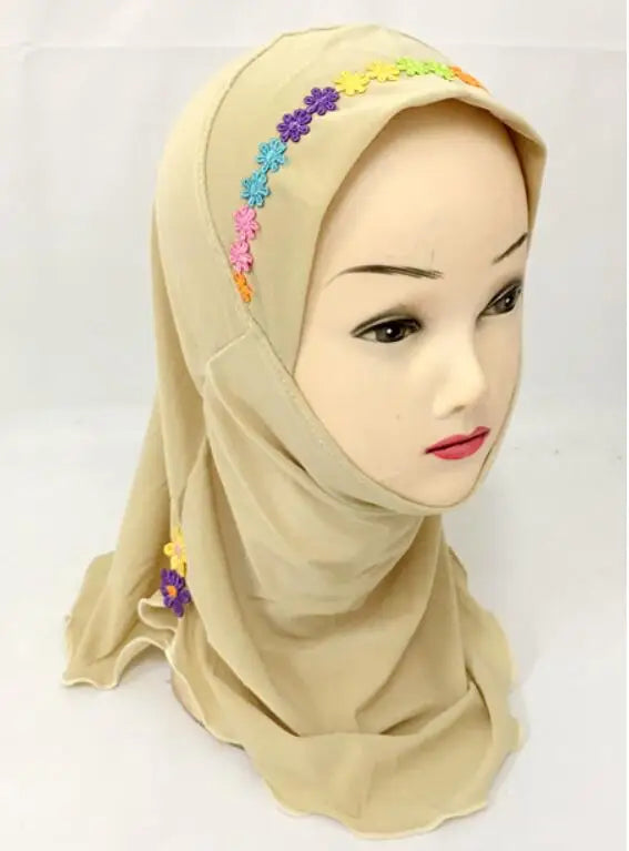 Girls Kids Muslim Beautiful Hijab Islamic Arab Scarf Shawls Flower Pattern