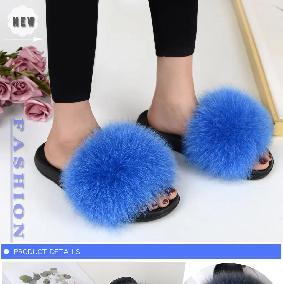 Women Summer Casual Fluffy Slippers With Fur Flat Non-Slip Real Fox Fur Furry Slides Large Size Shoes Fur Sandals