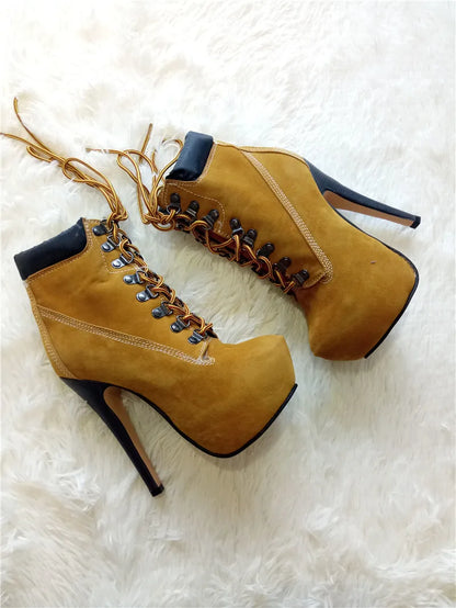 Onlymaker Women Lace-Up Ankle Boots Shoes 16cm High Thin Heel 4cm Platform Fashion Heels Boots Plus Size 35-46