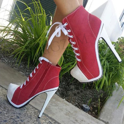 LAIGZEM Canvas Botines Mujer Women Platform Booties High Heel Side Zip Short Ankle Boots Shoes Woman Ladies Large Size 34 42 452