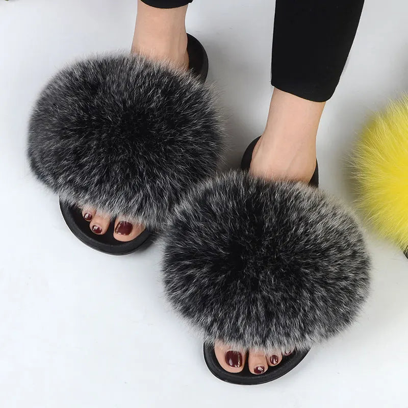 Women Summer Casual Fluffy Slippers With Fur Flat Non-Slip Real Fox Fur Furry Slides Large Size Shoes Fur Sandals