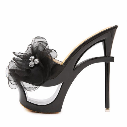 Strange Heels Platforms  2019 New Women Shoes Sandals and Slippers Blue Satin Chiffon Floral Diamond Waterproof Profiled Shoes