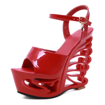 New Summer Patent Leather Hollow Wedges Platform Ankle Strap Sandals 2019 Women Party Wedding Strange High Heels Shoes WS0086